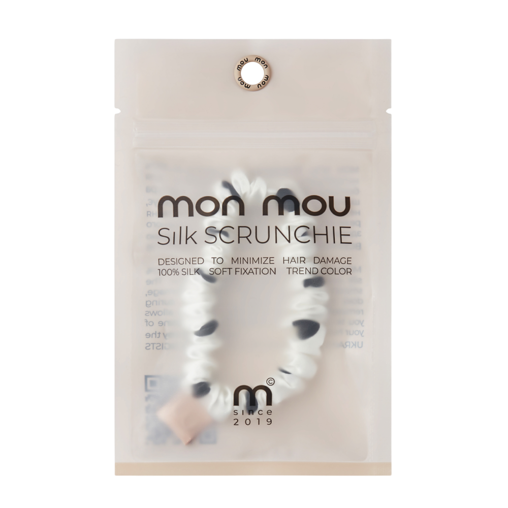 MON MOU Silk Slim Scrunchie Black Point - Тонка шовкова резинка (біла в чорний горох) - фото №1 MON MOU Silk Slim Scrunchie Black Point - Тонка шовкова резинка (біла в чорний горох) - фото №1